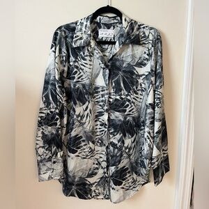 Primark Womens Satin Blue Floral Feather Print Blouse Size 12 Large Vintage Vibe